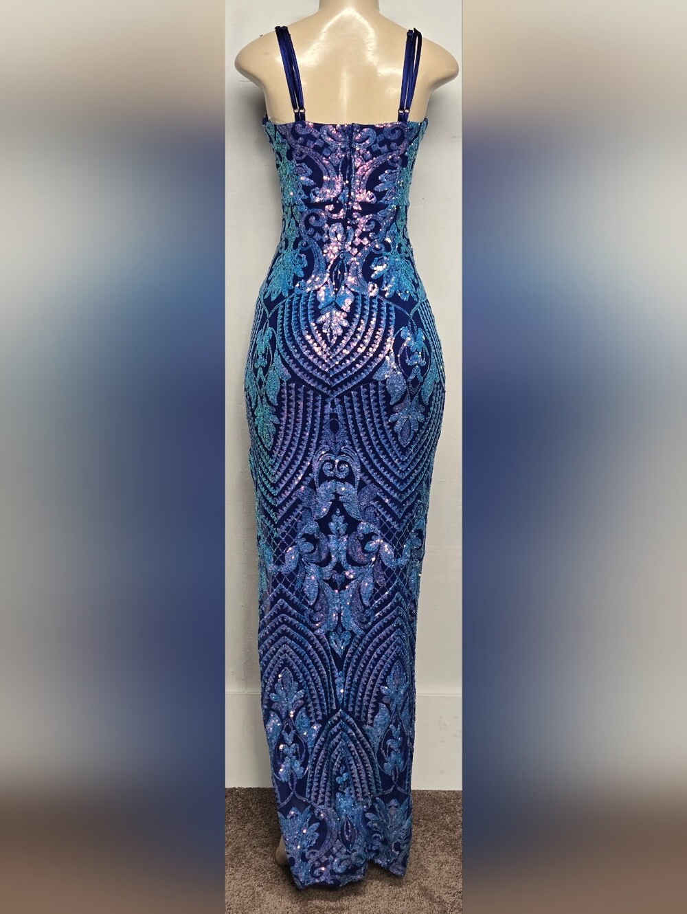 Emerald Sundae S Long Maxi Blue Formal Gown Dress Spaghetti Straps Sequins - Picture 2 of 6
